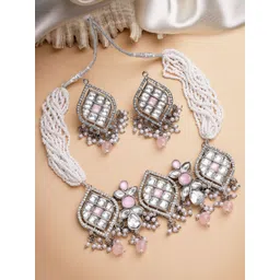 KARATCART Silver-Plated Kundan Stone-Studded & Beaded Jewellery Set-picture-36