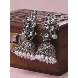 KARATCART Silver Plated Kundan Studded & Beaded Oxidised Jhumkas-picture-36