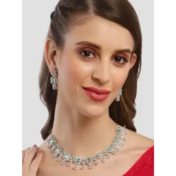 Karatcart Silver Plated Light Green Square Shape Cubic Zirconia Necklace Set-picture-28