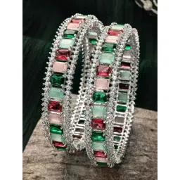 Karatcart Silver Plated Multicolor Stone American Diamond Bangles for Women Set of 2-picture-34