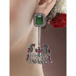 KARATCART Silver-Plated Oxidised Peacock Design Kundan Stones Drop Earrings image 5