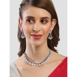 Karatcart Silver Plated Triangle Shape Blue Cubic Zirconia Studded Necklace Set-picture-32