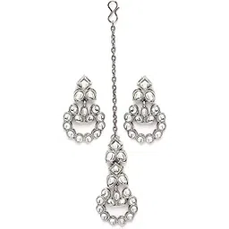 karatcart Silver Tone Kundan Studded Drop Earrings with Maangtikka Combo Set for Women-picture-10