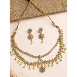 Karatcart Traditional Gold-Plated Green And White American Diamond Necklace Set for Women-picture-13