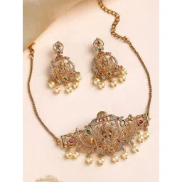 Karatcart Traditional Gold-Plated Laxmi Mata Choker Temple Jewellery Set With Pearl Drops for Women-picture-42