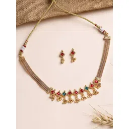 Karatcart Traditional Gold-Plated Red And Green Square Stone Necklace Set for Women-picture-15