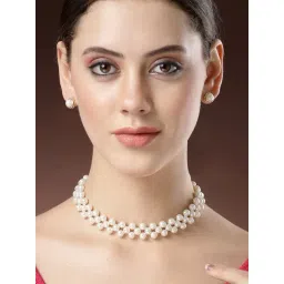 Karatcart White Kundan Pearl Beaded Jali Choker Necklace Set for Women-picture-28