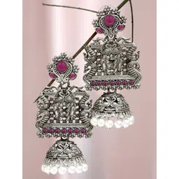 KARATCART Women Oxidised Silver Red Dome Shaped Jhumkas Earrings-picture-20