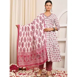 Karaveera Women Floral Printed Cotton Anarkali Kurta with Trousers & Dupatta-picture-42