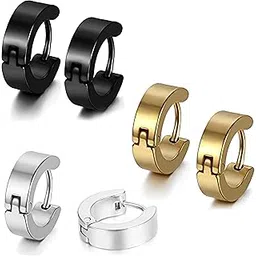 karishma kreations Valentine jewellery Stainless Steel Mens Earrings Combo Black Gold Silver Piercing Screw Bali Stud Hoops Earing Multicolor Earrings Combo for men boys Unisex-picture-39