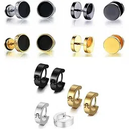karishma kreations Valentine jewellery Stainless Steel Mens Earrings Combo Black Gold Silver Piercing Screw Bali Stud Hoops Earing Multicolor Earrings Combo for men boys Unisex-picture-42