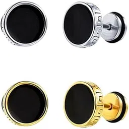 karishma kreations Valentine jewellery Stainless Steel Mens Earrings Om Black Gold Silver Piercing Screw Bali Stud Hoops Earing Multicolor Earrings Combo for men boys Unisex-picture-36
