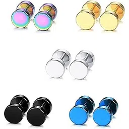 karishma kreations Valentine jewellery Stainless Steel Mens Earrings Om Black Gold Silver Piercing Screw Bali Stud Hoops Earing Multicolor Earrings Combo for men boys Unisex-picture-18