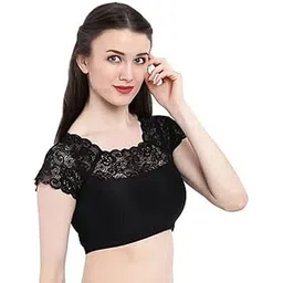 karl foerster Short Sleeve Round Neck Readymade Lace Net Blouse for Women & Girls Black-picture-15