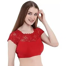 karl foerster Short Sleeve Round Neck Readymade Lace Net Blouse for Women & Girls Red-picture-16