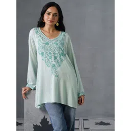 Kashmir Box Kashmiri Aari Embroidered Light Blue Floral V-Neck Rayon Short Kurti-picture-19
