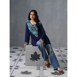 Kashmir Box Kashmiri Aari Embroidered Navy Blue Round Neck Rayon Short Kurti-picture-16
