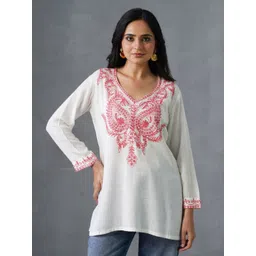 Kashmir Box Kashmiri Aari Embroidered White Red Floral V-Neck Rayon Short Kurti-picture-14