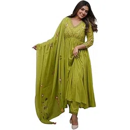 kasoti crafts Women's Cotton Embroidered Long Anarkali Kurti with Pant and Dupatta Set-picture-52