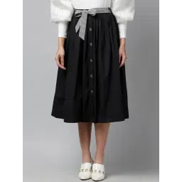 KASSUALLY Black A-Line Midi Skirt With Belt-picture-22