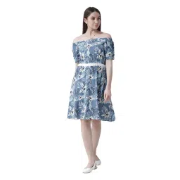 KASSUALLY Blue & White Cotton Floral Print Fit & Flare Dress-picture-39
