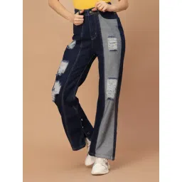 KASSUALLY Blue Cotton Distressed High Rise Jeans-image-5