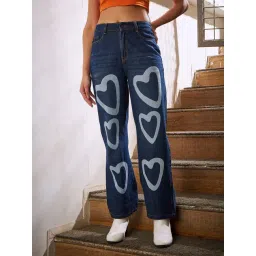 KASSUALLY Blue Cotton Printed Relaxed Fit Mid Rise Jeans-picture-25