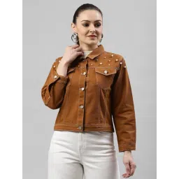 KASSUALLY Brown Cotton Embellished Denim Jacket-picture-16