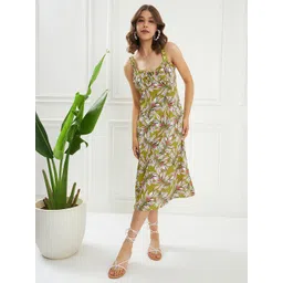 KASSUALLY Green Tropical Printed Shoulder Straps Gathered A-Line Midi Dress-picture-34