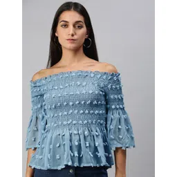 KASSUALLY Off-Shoulder Self Design Bell Sleeve Georgette Bardot Top-picture-23