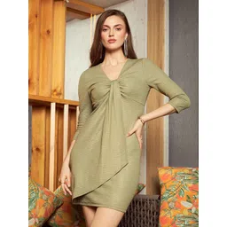 KASSUALLY Sparkle Foil Knitted Olive Green V-Neck A-Line Dress-picture-23