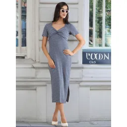KASSUALLY Striped Sweetheart Neck Cotton Sheath Midi Dress-picture-13