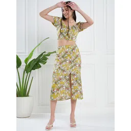 KASSUALLY Tropical Printed Balloon Sleeve Top With Front Slit Skirt Co-Ords Set-picture-24