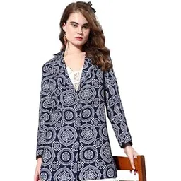 kassually Women Blazer Blue Rayon Printed Long Blazer-picture-13