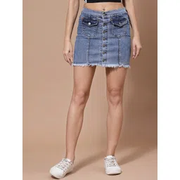 KASSUALLY Women Blue Solid Washed Denim Mini Skirts-image-28