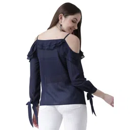 KASSUALLY Women Cold-Shoulder Sleeves Georgette A-Line Top With Ruffles Detail image 2