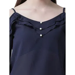 KASSUALLY Women Cold-Shoulder Sleeves Georgette A-Line Top With Ruffles Detail image 4