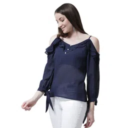 KASSUALLY Women Cold-Shoulder Sleeves Georgette A-Line Top With Ruffles Detail image 5