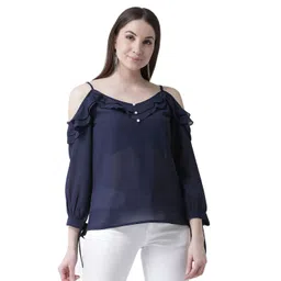 KASSUALLY Women Cold-Shoulder Sleeves Georgette A-Line Top With Ruffles Detail image 1