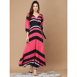 KASSUALLY Women Coral & Navy Blue Striped Crepe Midi Dress-picture-10