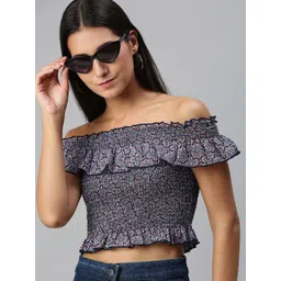 KASSUALLY Women Floral Print Smocked Off-Shoulder Crop Top-picture-36