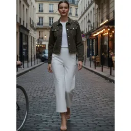 KASSUALLY Women Olive Green Solid Denim Jacket-image-25