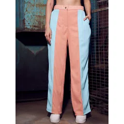KASSUALLY Women Peach & Blue Colourblocked Parallel Trousers-picture-24