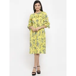 KASSUALLY Women Yellow & Black Floral Printed Fit and Flare Dress-image-5