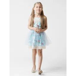 KATE & OSCAR Kids Girls Blue And White Floral Print Lace Detail Shoulder Strap Satin Dress-picture-37