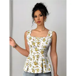 KATECLO Women Floral Print Square Neck Shoulder Straps Peplum Top-picture-31