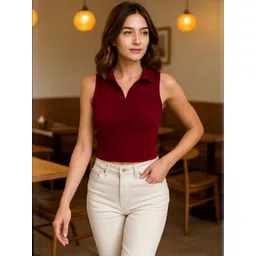 KATECLO Women Ribbed Shirt Collar Sleeveless Cotton Fitted Top-picture-20