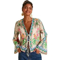 kateclo Women’s Boho Floral & Bird Print Kimono Jacket – Lightweight Tie-Front Open Front Cardigan with Bell Sleeves | Multicolor Summer Casual Layering Top-picture-27