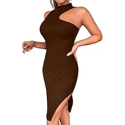 kateclo Women’s One-Shoulder Cutout Bodycon Midi Dress – Sleeveless Asymmetric Hem Cocktail Dress with High Slit, Elegant Slim Fit Party Evening Dress-picture-30