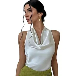 kateclo Women’s Satin Halter Neck Blouse Sleeveless Draped Cowl Neck Top with Bow Tie Back – Elegant Summer Evening Shirt-picture-34